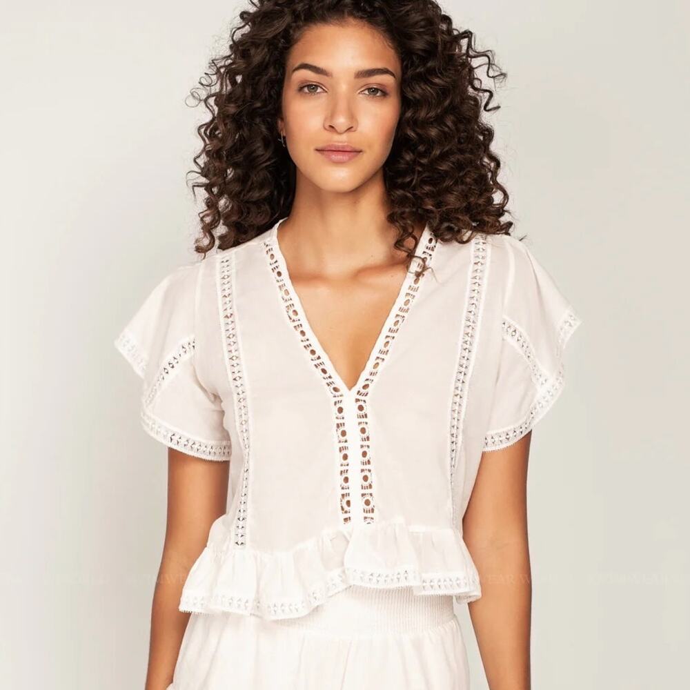 Peixoto Fraya Blouse Size XS White Ruffle Eyelet Cotton Beach Summer Swim